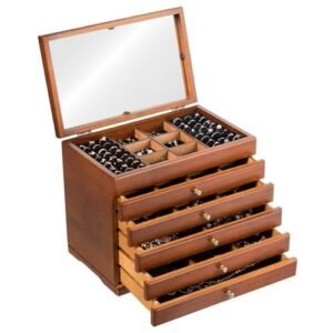 Cost way Wooden Jewelry Box With Mirror And 6 Compartments - Brown
